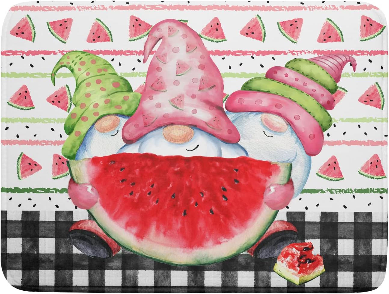 Summer Gnomes Dish Drying Mat 18x24 Inch ,Watermelon Fruit Buffalo Plaid Kitchen Dry Mats with Loop Absorbent Foldable Dishes Pad for Sink Counter Drainer Countertops Refrigerator Protector