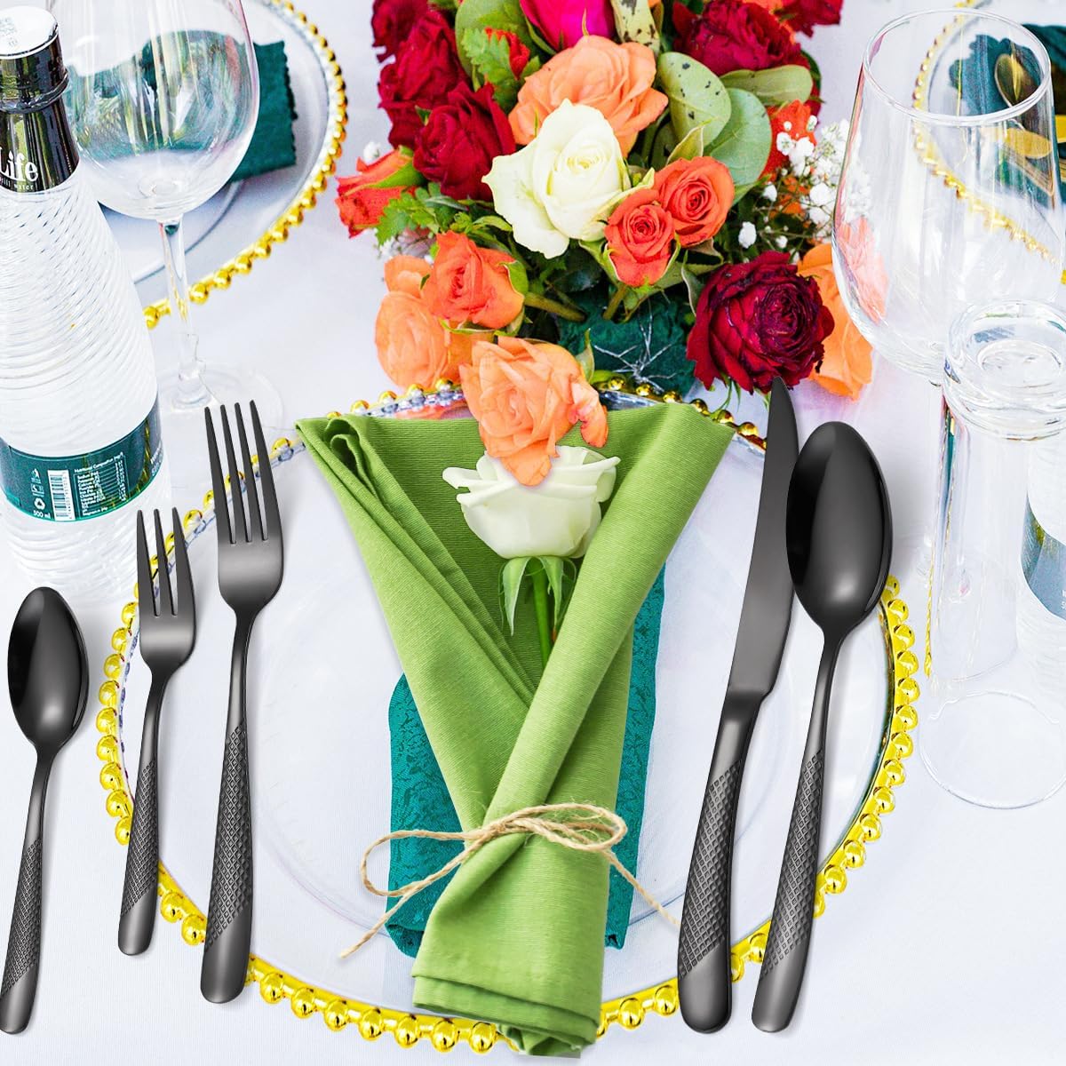 A·HOUSEWARE Black Silverware Hammered Flatware Kichen Stainless Steel Cutlery Set for 4 include Metallic Forks Knives Spoons 20 Pieces Utensils Restaurant Parties Everyday Use