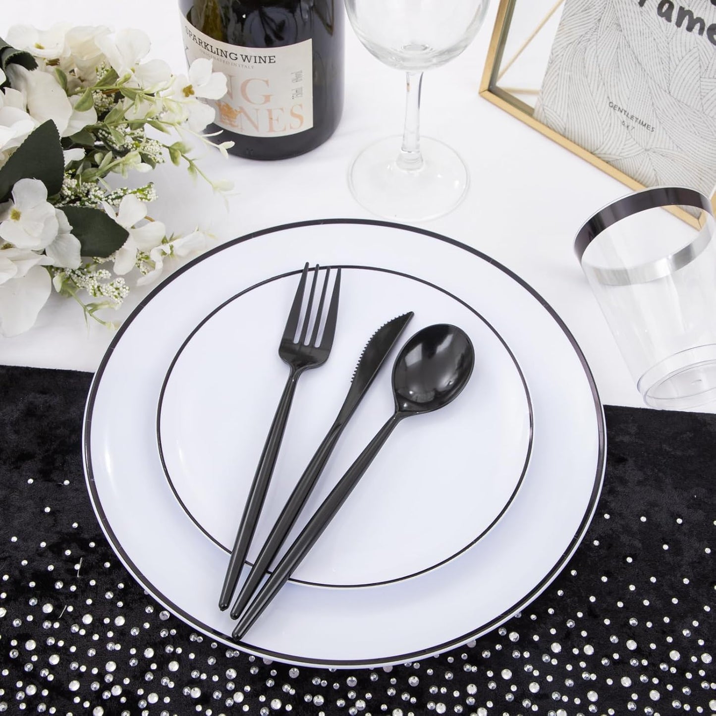 EI 180pcs White Plastic Dinnerware Set Include Black Disposable Silverware,Dinner and Dessert Plates,Cups,White Plastic Plates with Black Rim Perfect for Wedding,Birthday,Halloween,Partys,Service 30.