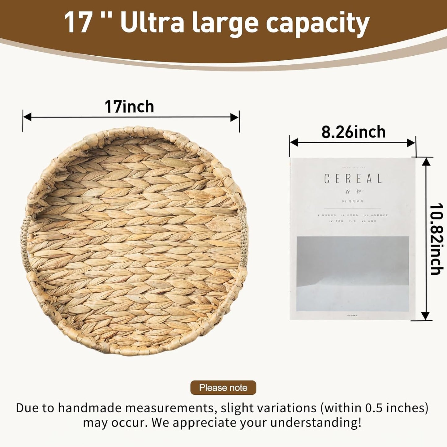 Round Wicker Scalloped Serving Tray with Handles - Seagrass Handwoven Trays,Water Hyacinth Tray for Home Decor and Living Room, Dining Table, Bathroom Organizing, 16.9" L x 16.9" W x 3.5" H