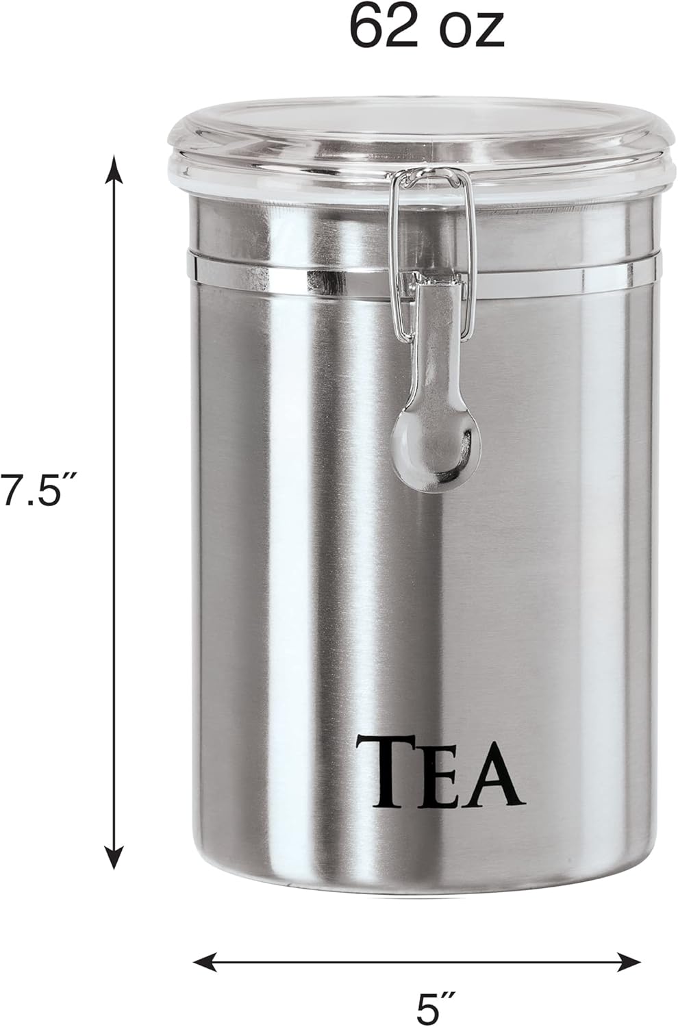 Oggi Stainless Steel Tea Canister 62 fl oz - Airtight Clamp Lid, Clear See-Thru Top - Ideal for Tea Bag, Loose Tea, Kitchen Storage, Pantry Storage. Large Size 5" x 7.5".