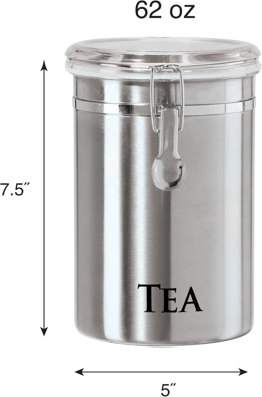 Oggi Stainless Steel Tea Canister 62 fl oz - Airtight Clamp Lid, Clear See-Thru Top - Ideal for Tea Bag, Loose Tea, Kitchen Storage, Pantry Storage. Large Size 5" x 7.5".