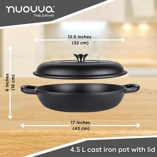 Shallow Cast Iron Casserole with Lid – Non Stick Dutch Oven Pot, Oven Safe up to 500° F – Sturdy Ovenproof Stockpot Cookware – Enamelled Cooking Pot – Black, 5-Quart, 32cm – by Nuovva