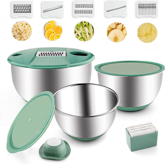 Mixing Bowls Set of 3 Stainless Steel Bowl with Lids Set, Nesting Bowls with Graters Airtight Lids for Cooking, Baking, Prepping(Green)
