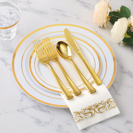 Goodluck 175 Piece Gold Dinnerware Set for 25 Guests, Plastic Plates Disposable for Party, Include: 25 Dinner Plates, 25 Dessert Plates, 25 Paper Napkins, 25 Cups, 25 Gold Silverware Set