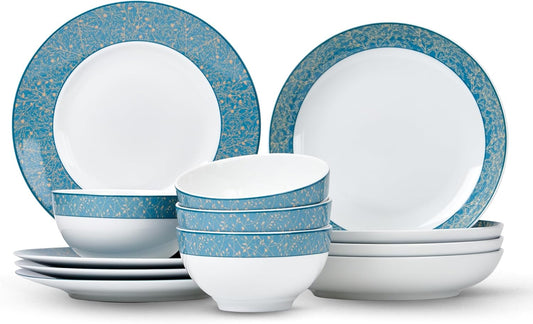Minh Long 12-PCS Porcelain Dinnerware Set, Plates, Bowls, Service for 4, Chip & Scratch Resistant, Oven Safe up to 482°F, Non toxic, Lead & Cadmium Free, Stackable, Dishwasher & Microwave Safe