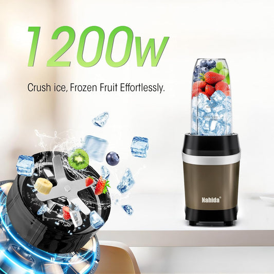 Nahida Blender for Smoothies, 1200W Smoothie Blender for Ices Crushing, Blenders with (2) 6-Fin Blades, Personal Blenders for Kitchen with 23oz, 32oz, 37oz Easy Go Cups for Juices, 1200W, Brown
