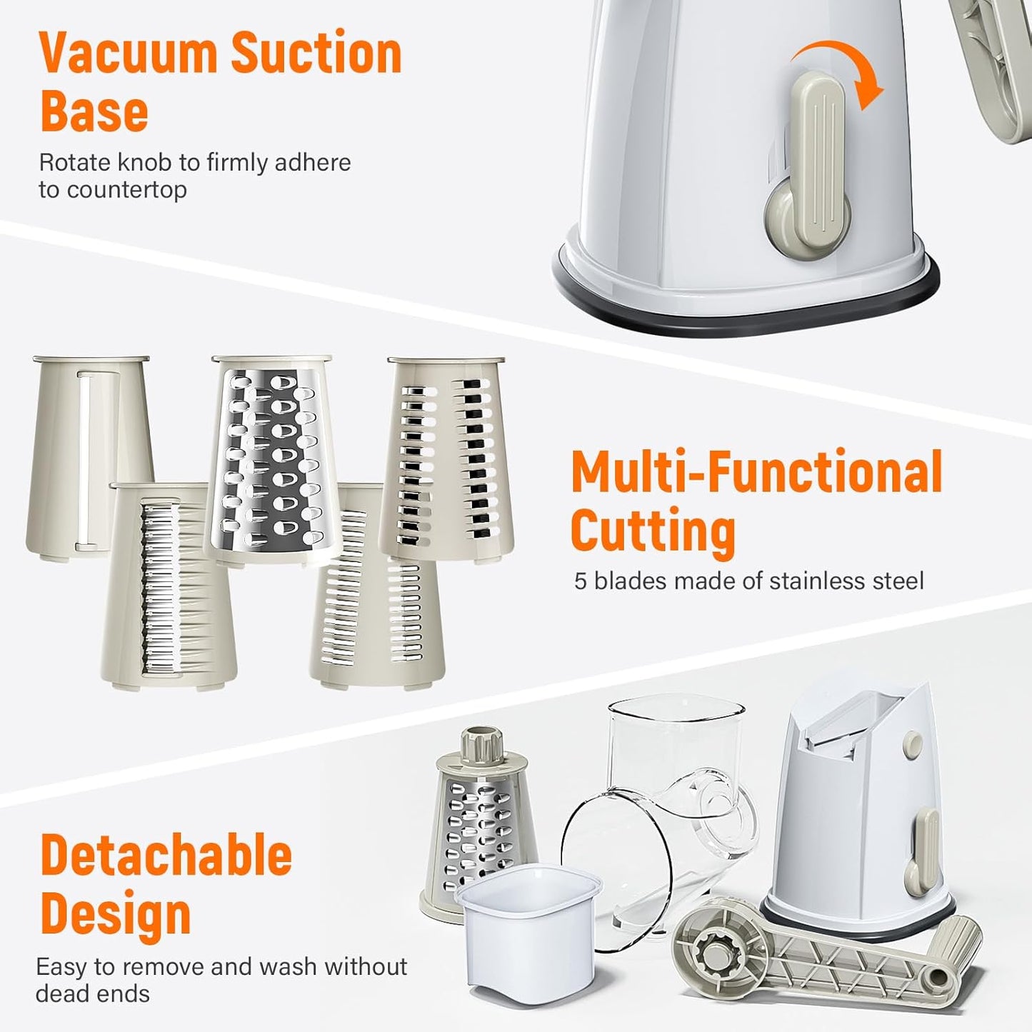 Rotary Cheese Grater Hand Crank with 5 Interchangeable Blades, Vegetable Slicer Chopper for Fruit Vegetable Nuts, Mandoline Slicer for Kitchen with Blades Rack & Suction Base, White