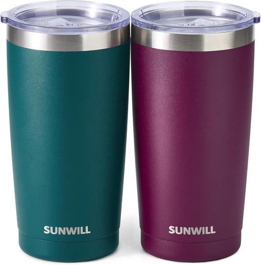 SUNWILL Travel Coffee Mug with Lid, 20 oz Tumbler Set of 2, Insulated Stainless Steel Cup for Drinks， Water, Tea, Powder Coated Forest Green & Plum