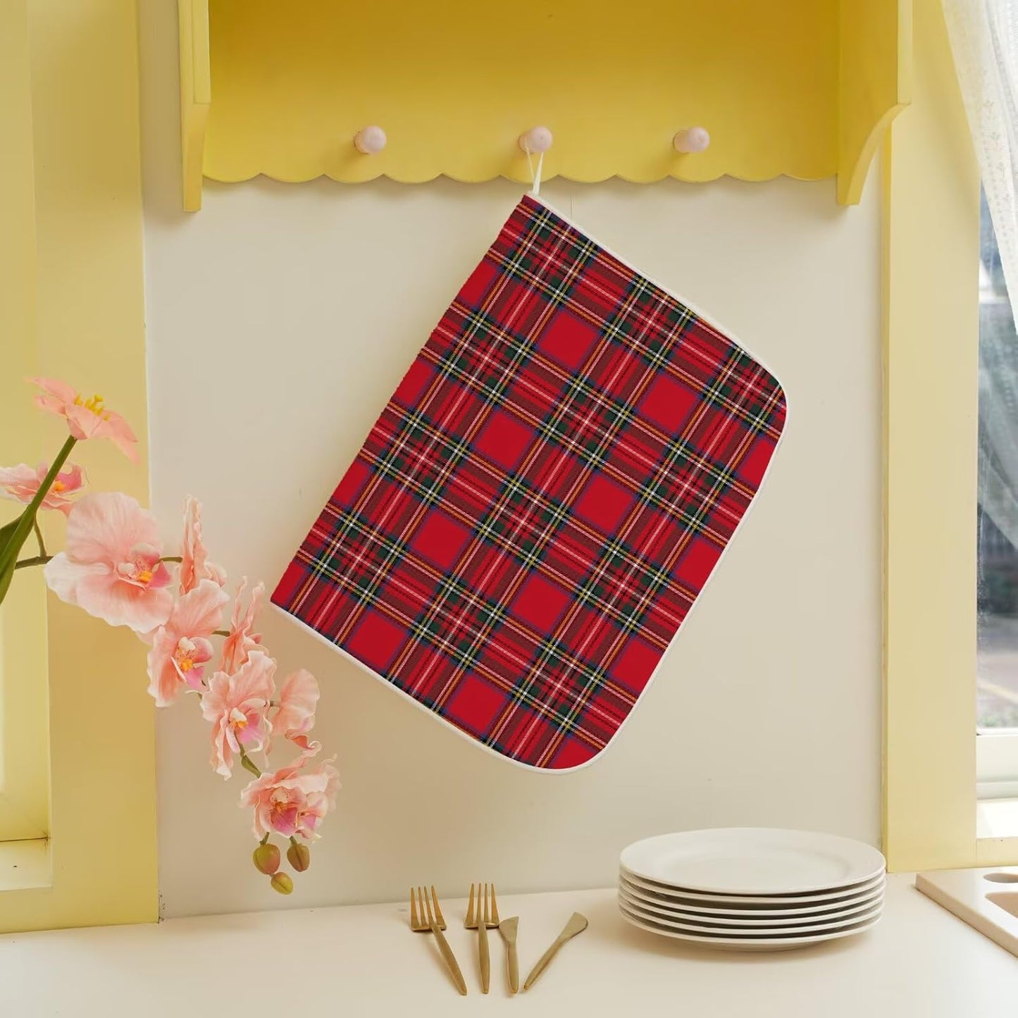 Christmas Dish Drying Mat 18 x 24 inch Red Buffalo Plaid Decorative Drying Mats Microfiber Absorbent Xmas Holiday Dish Washable Draining Mat for Kitchen Counter Decor
