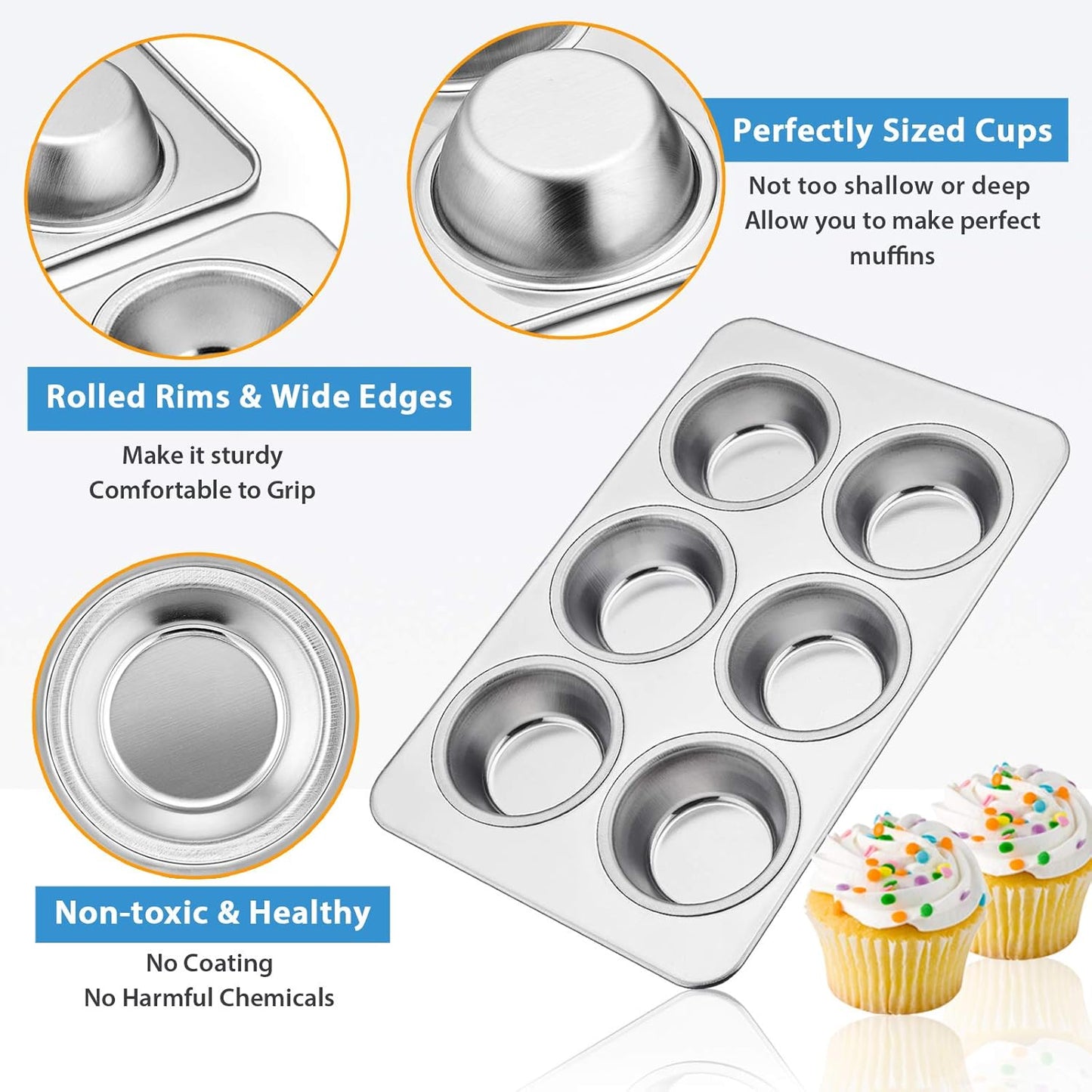 E-far Muffin Pan Set of 2, Stainless Steel Muffin Pan Tin for Baking, 6-Cup Metal Cupcake Pan Tray, Non-toxic & Healthy, Oven & Dishwasher Safe, Regular Size - 11.44 x 7.12 x 1.25 Inch