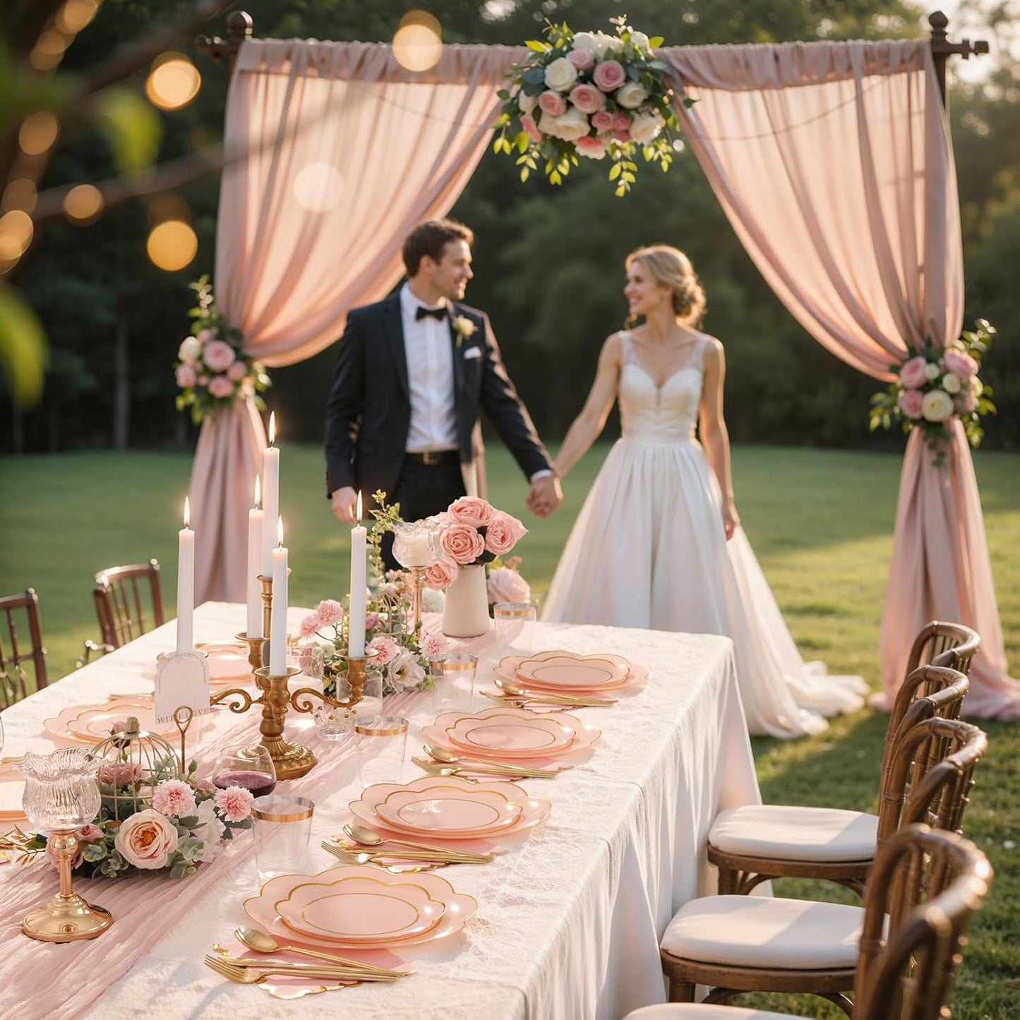 WONDERFUL 350PCS Pink Plastic Plates for Party Plates Disposable Heavy Duty Pink Gold Wedding Plate High End Plastic Dinnerware Sets for 50 Guests - Plate and Cups and Wedding Napkins Sets Large Party