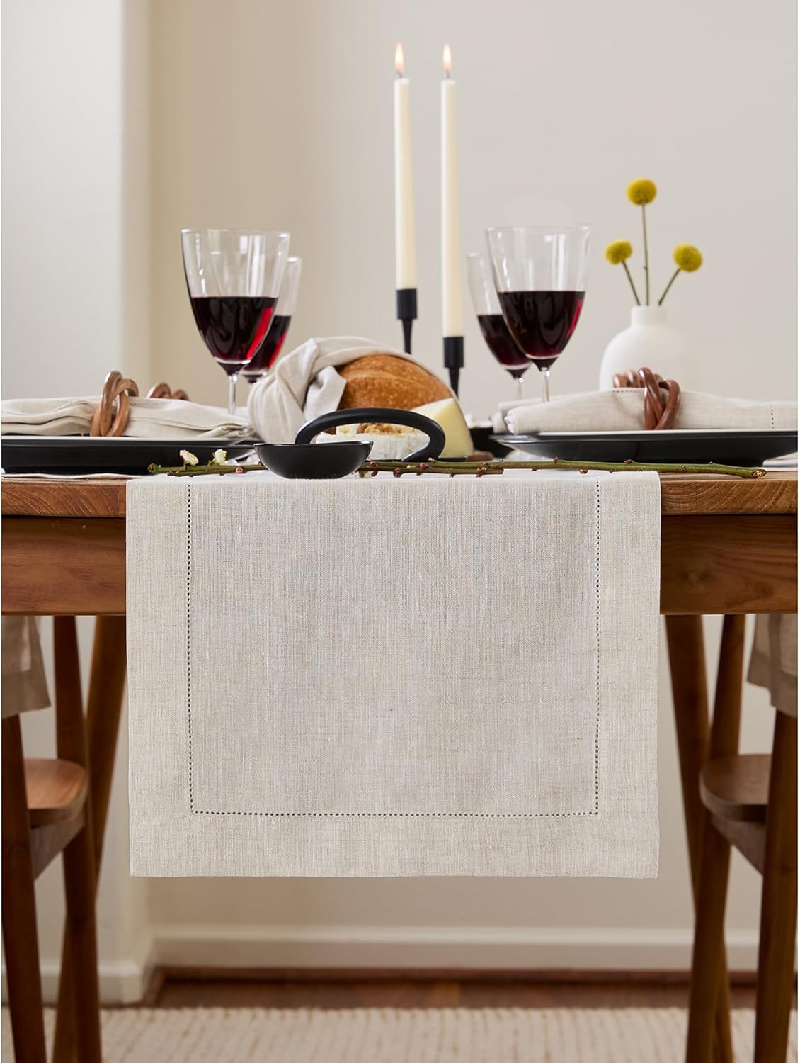 Solino Home Linen Light Natural Table Runner 72 Inches Long - 100% Pure Linen Hemstitch Table Runner 14 x 72 Inch for Dresser, Dining, Fall, Halloween, Thanksgiving, Christmas - Classic Hemstitch