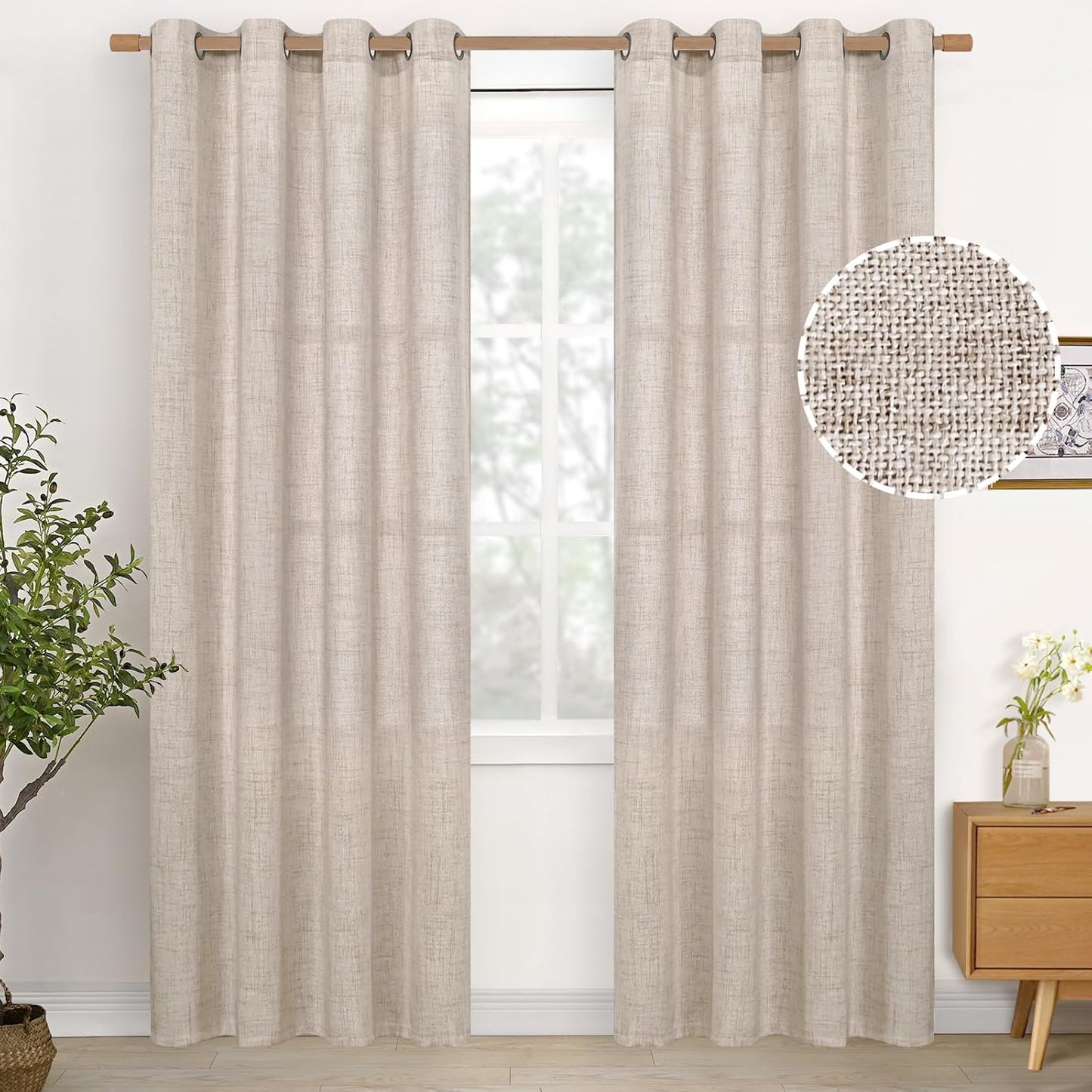 YoungsTex Curtains 84 Inch Length for Living Room, Beige Semi Sheer Drapes with Bronze Grommet Rustic Light Filtering Window Treatments for Dining Bedroom, 2 Panels, 52 X 84 Inch
