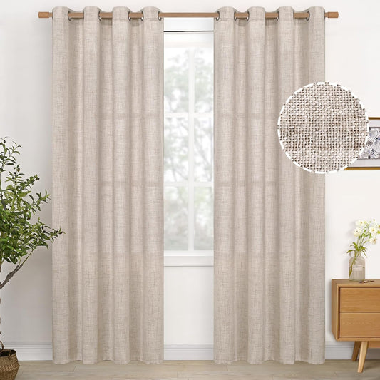 YoungsTex Curtains 84 Inch Length for Living Room, Beige Semi Sheer Drapes with Bronze Grommet Rustic Light Filtering Window Treatments for Dining Bedroom, 2 Panels, 52 X 84 Inch