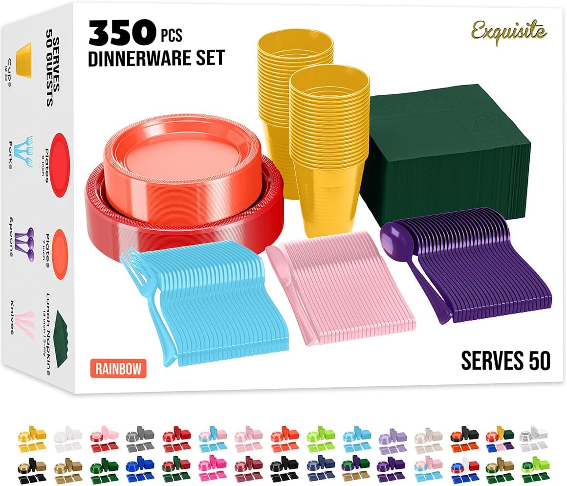 Party Solids 350 Pieces Rainbow Plastic Plates For Party, Rainbow Disposable Plates Set, 50 Of Each 9" Dinner Plate Set, 7" Dessert Plate, Cups, Napkins & Cutlery Plastic Dinnerware