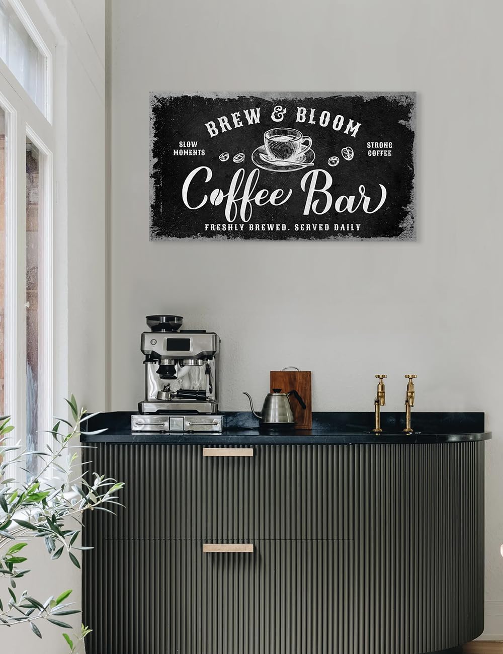 IPIC - Rustic Coffee Bar Sign Brew and Bloom, Canvas Print Wall Art for Coffee Station, Rustic Industrial Style Wall Decor for Home Kitchen and Cafe
