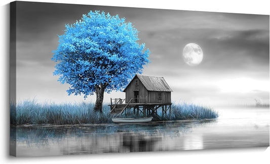 JEAWA Large Canvas Wall Art Decor - Blue Gray Wall Art for Living Room Home Office, Winter Landscape Wall Art Canvas Paintings, Moon Pictures Wall Decor, Tree Art Wall Decor, 29x58 IN