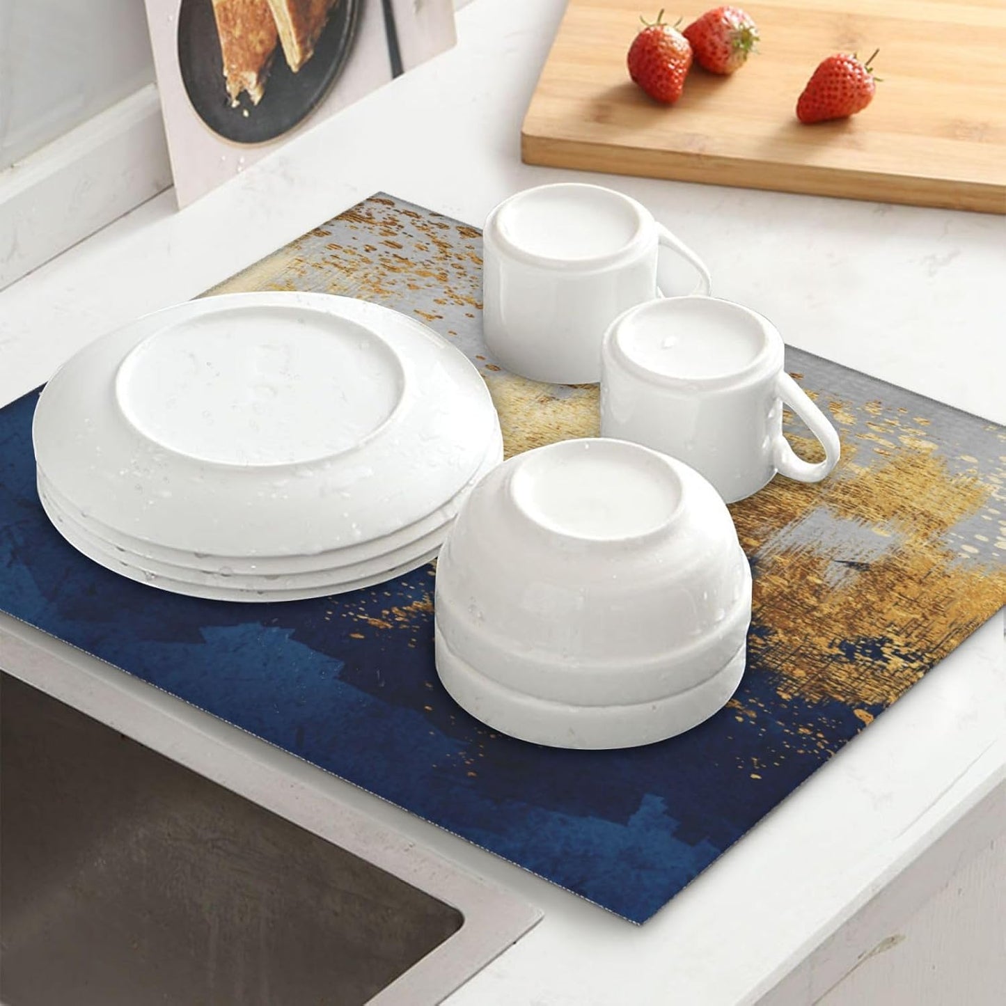 Navy Blue Gold Abstract Art Dish Drying Mat for Kitchen Counter, Absorbent Microfiber Drying Pad for Dishes, Washable Foldable Modern Kitchen Mat for Dining Area & Home Decor, 16" x 18" Blue Gold