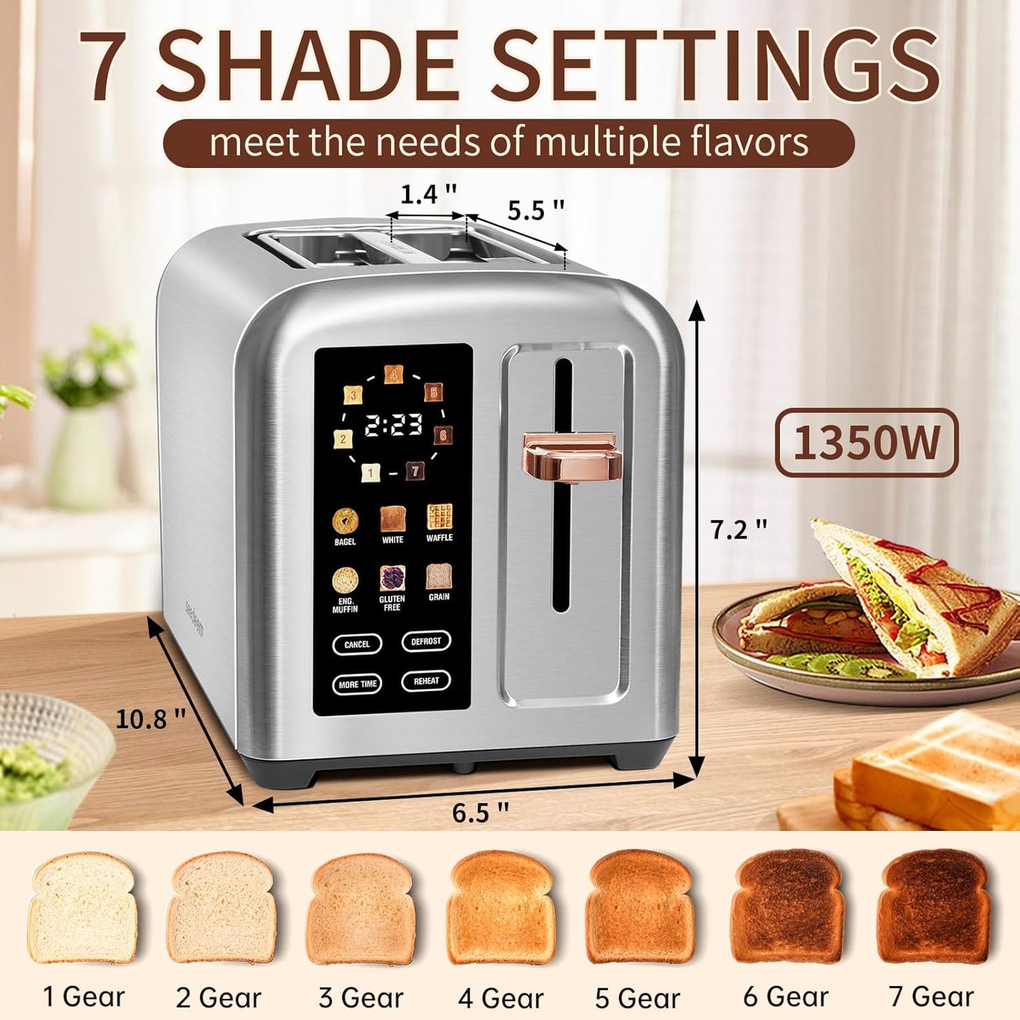 SEEDEEM Toaster 2 Slice, Touch Control Stainless Toaster LCD Display, 50% Faster Heating Speed, 1.4'' Wide Slots, More Timer Functions, Removable Crumb Tray, 1350W, Silver Metallic
