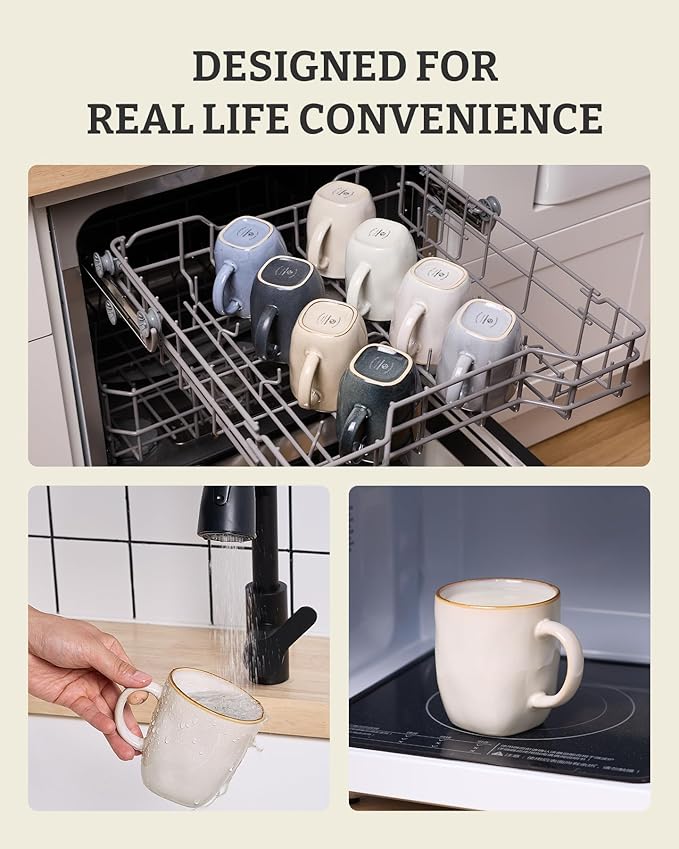 famiware Coffee Mugs Set of 4, Ocean Square 13oz Coffee Cup Set with Handle for Cocoa, Milk, Hot Chocolate, Stoneware Cups for Kitchen, Reactive Glaze, Microwave and Dishwasher Safe, Cappuccino White