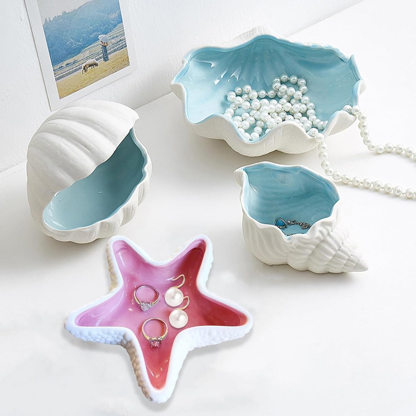 Ceramic Starfish Jewelry Dish Tray Pink Shell Jewelry Holder Ring Holder Trinket Dish Ocean Coastal Decor Jewelry Plate Decorative Tray Key Bowl for Jewelry Christmas Home Room Beach Decor
