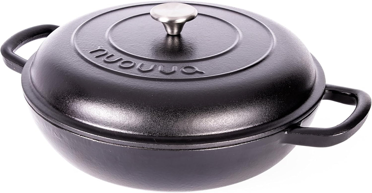 Shallow Cast Iron Casserole with Lid – Non Stick Dutch Oven Pot, Oven Safe up to 500° F – Sturdy Ovenproof Stockpot Cookware – Enamelled Cooking Pot – Black, 5-Quart, 32cm – by Nuovva