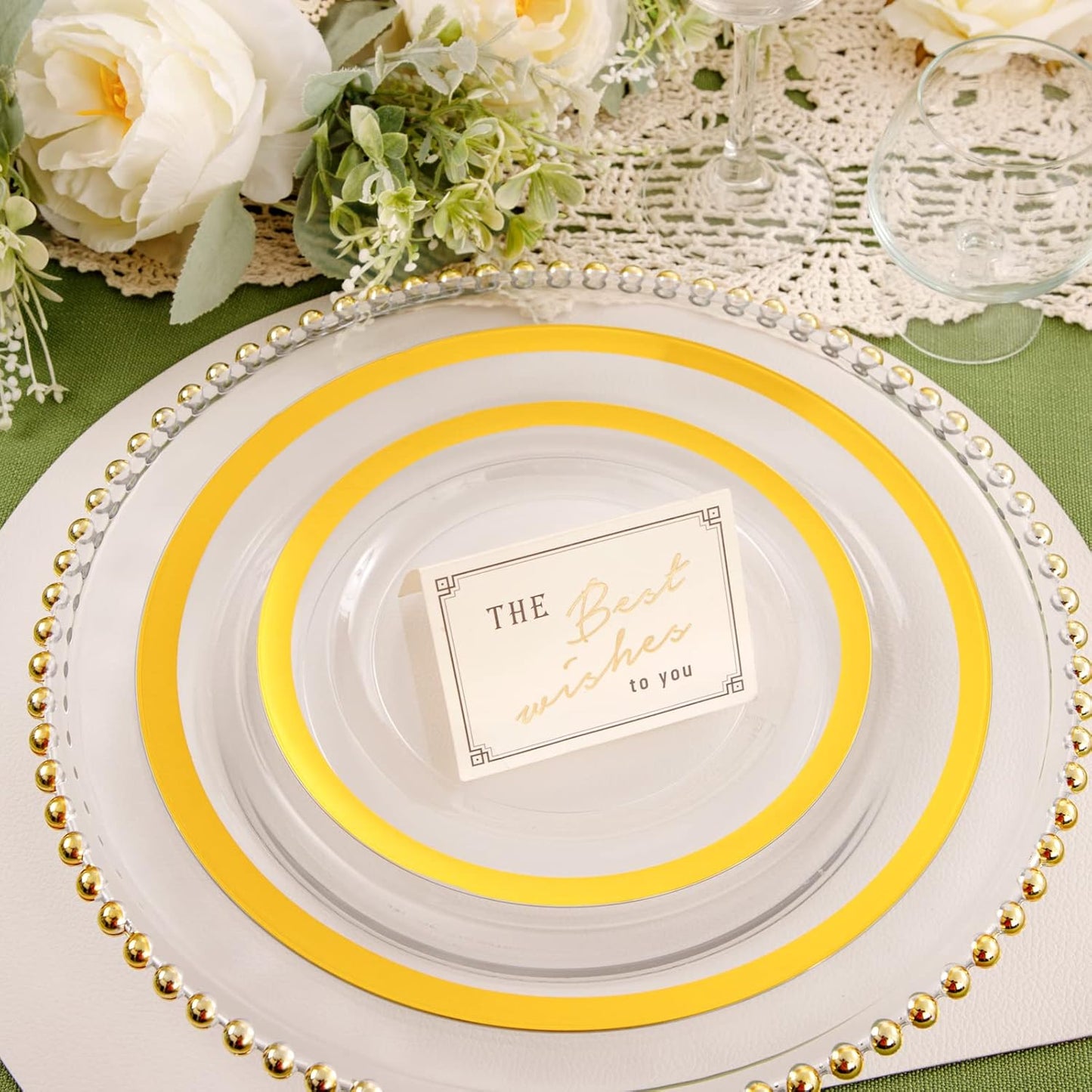 YOUBET 210PCS Clear Gold Plastic Dinnerware - Gold Plastic Plates and Golden Dinnerware Includes 30 Dinner Plate, 30 Dessert Plate, 30 Gold Cups, 30 Napkins for Party & Wedding Thanksgiving