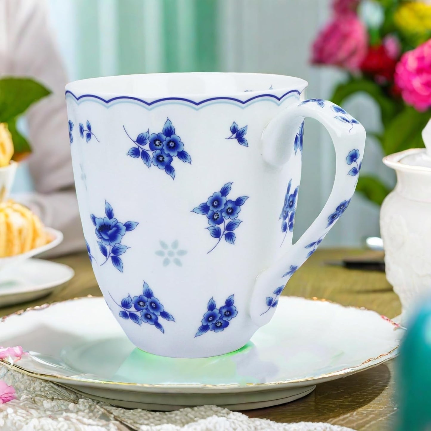 14oz Cute Coffee Mugs for Women Cute Mugs Bone China Floral Coffee Mug Teacups for Mom Women Birthday Gifts Christmas Gifts