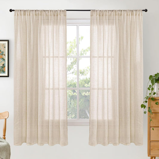 BGment 63 Inches Long Linen Semi Sheer Curtains for Living Room - Rod Pocket Burlap Tan Drapes Natural Light Filtering Window Treatments for Farmhouse Bedroom Lightweight, 2 Panels Set, 52 X 63 Inch