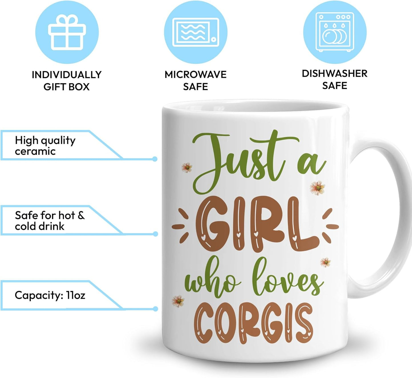 Hyturtle Personalized Gifts Corgi Lover - Just A Girl Who Loves Corgis Custom Name Ceramic Coffee Mug Cup 11oz - Idea Cute Dog Lover Gifts For Women, Girl Daughter On Birthday, Christmas