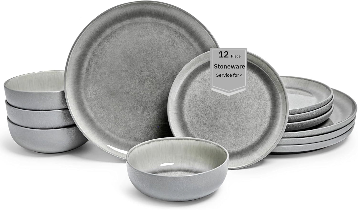 Sango Asher 12-Piece Stoneware Dinnerware Set for 4, Gray Ceramic Plates and Bowls Sets, Modern Dish Set with Reactive Glaze, Durable Kitchen Dishes for Casual Dining, Microwave & Dishwasher Safe