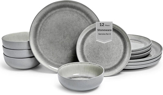 Sango Asher 12-Piece Stoneware Dinnerware Set for 4, Gray Ceramic Plates and Bowls Sets, Modern Dish Set with Reactive Glaze, Durable Kitchen Dishes for Casual Dining, Microwave & Dishwasher Safe