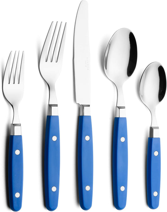 ANNOVA Silverware Set, Retro/Rivet Colorful Stainless Steel Tableware Kitchen Flatware Set Utensils, Includes Dinner Knives, Forks, Spoons, Salad Forks & Dessert Spoons (Sapphire Blue, 20 Pieces)