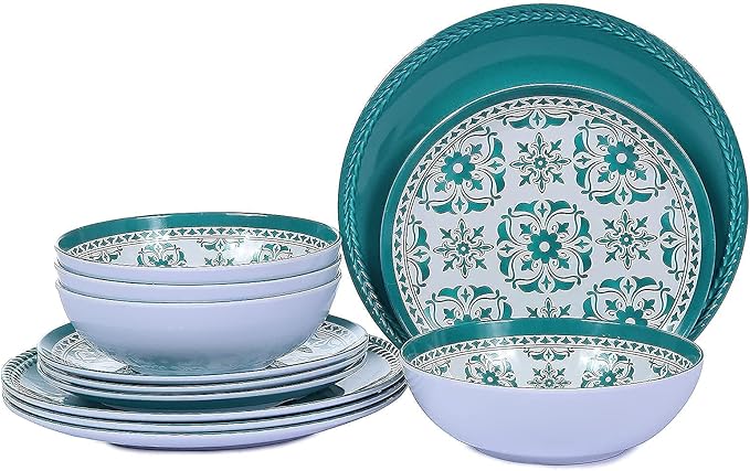 Melamine Dinnerware Set 12-Piece (Service for 4) – Dishwasher Safe, Unbreakable Lightweight Plates & Bowls for Indoor/Outdoor Use – Patio, Kids, Camping
