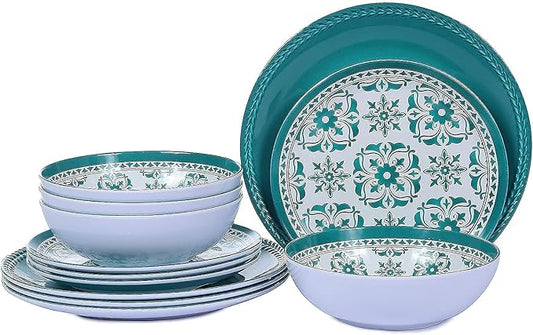 Melamine Dinnerware Set 12-Piece (Service for 4) – Dishwasher Safe, Unbreakable Lightweight Plates & Bowls for Indoor/Outdoor Use – Patio, Kids, Camping