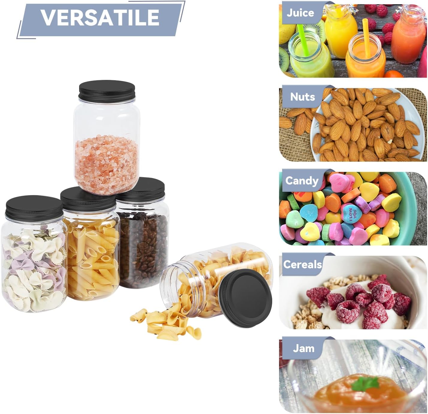 novelinks 16 oz Clear Plastic Jars with Screw-On Lids - BPA-Free Refillable Storage Containers for Slime, Food, Crafts, Kitchen & Household Use (24 Pack,Black)