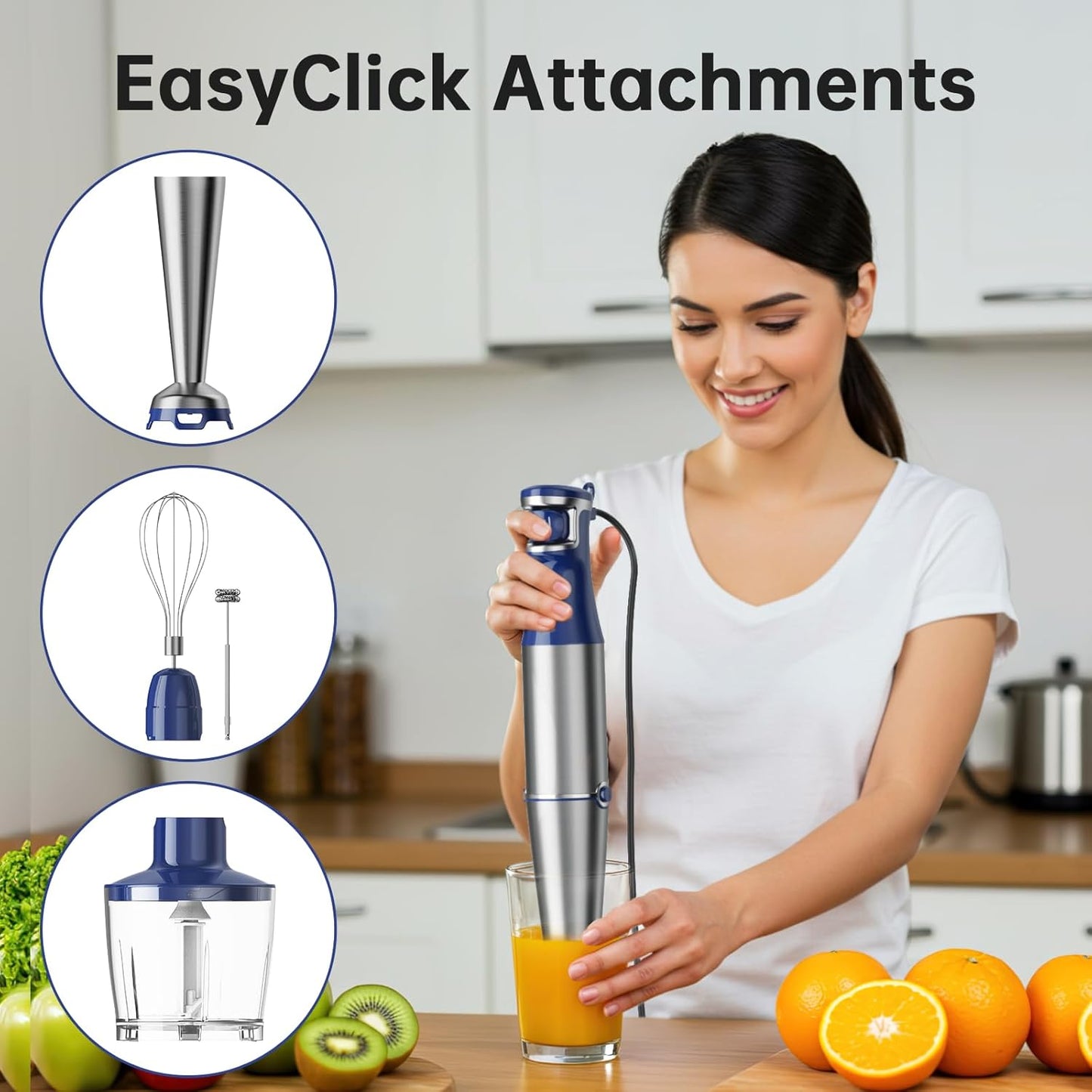 Immersion Blender Handheld Corded Hand Blenders Set 1100W, Trigger Variable Speed 5 in 1 Stick Emulsifier with Chopper, Whisk and Frother for Soup, Baby Food and Smoothies, Navy Blue