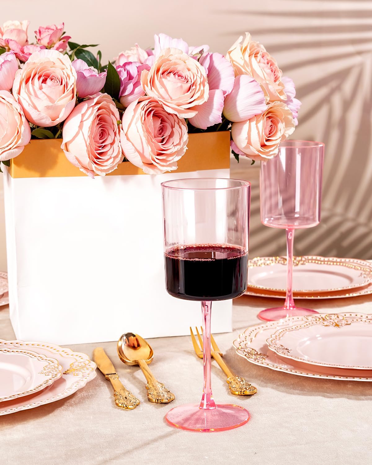 Ciaell 12 Pack Pink Plastic Wine Glasses - 10 Oz Disposable Wine Glasses with Stem for Parties & Weddings & Poolside & Outdoors & Camping