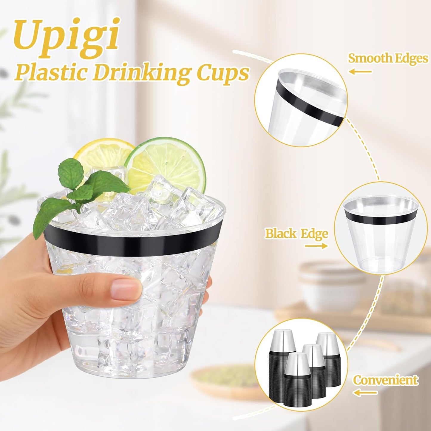 120 Pcs Black Plastic Cups,9Oz Black Rimmed Plastic Cups,Heavy Duty Clear Disposable Plasitc Cocktail Tumblers Wine Cup for Party,Wedding,Birthday,Christmas