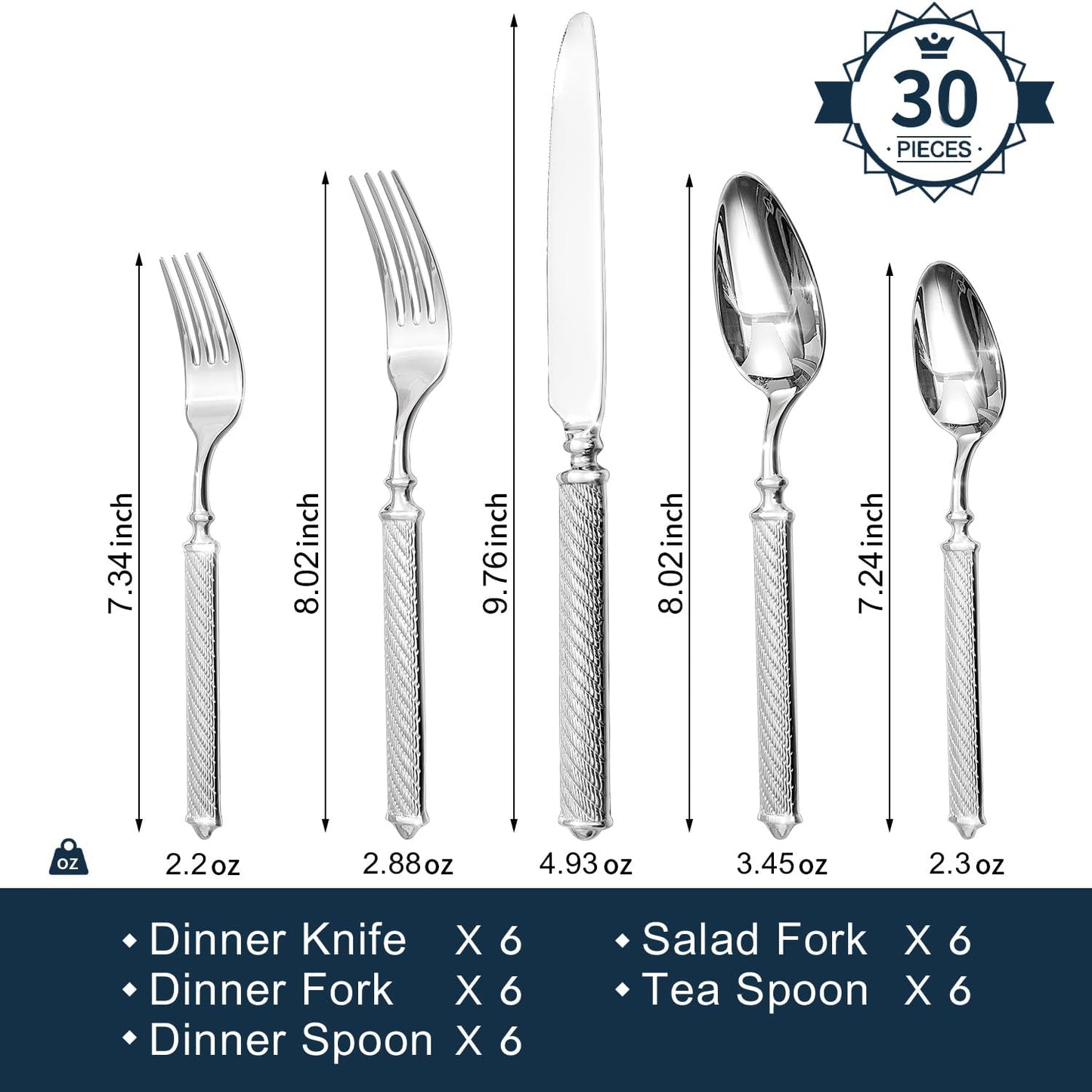 KINGSTONE Retro Rope-Pattern Silverware Set, 30-Piece Flatware Set Cutlery Set Forged with Handcrafted Texture Handles 18/10 Stainless Steel, Dishwasher Safe