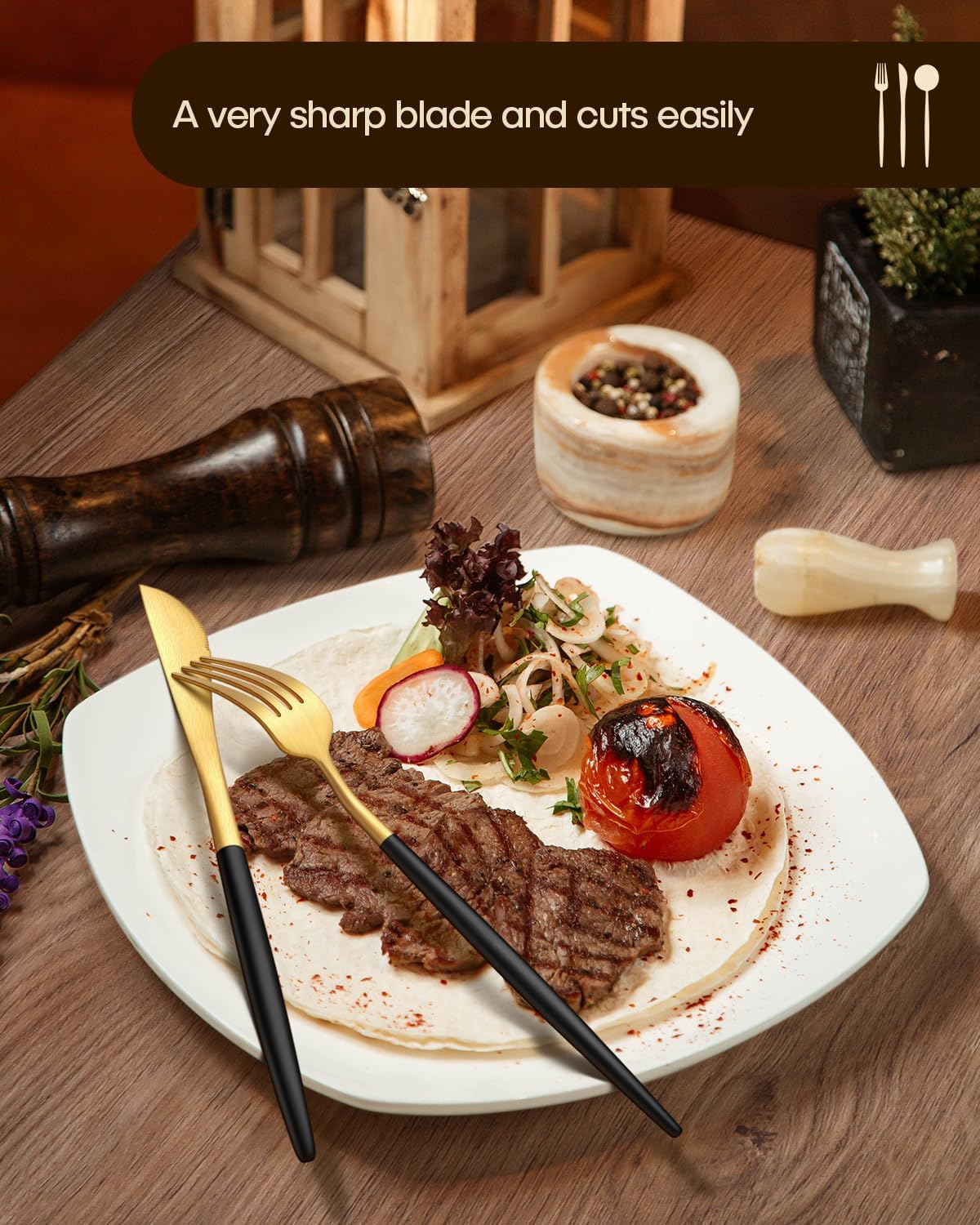 Stapava 20-Piece Matte Black Gold Silverware Set, Stainless Steel Gold Utensils Cutlery Set, Satin Finish Flatware for 4, Include Forks Spoons and Knives Set for Home and Restaurant, Dishwasher Safe