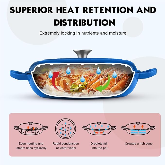 Overmont Enameled Cast Iron Dutch Oven - 3.8 Quart Dutch Oven Pot with Lid - Shallow Cookware Braising Pan - Cast iron Casserole with Cookbook & Heat-resistant Caps - Oven Safe up to 500° F