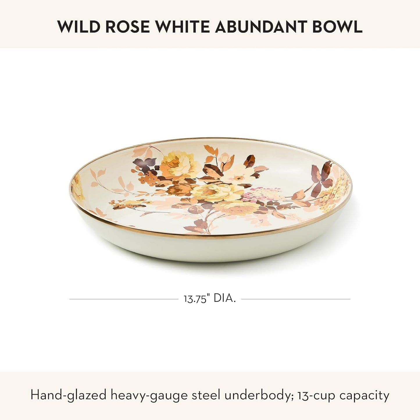 MACKENZIE-CHILDS Enamel Abundant Bowl, Decorative or Serving Bowl, 13-Cup Capacity, White Wild Rose
