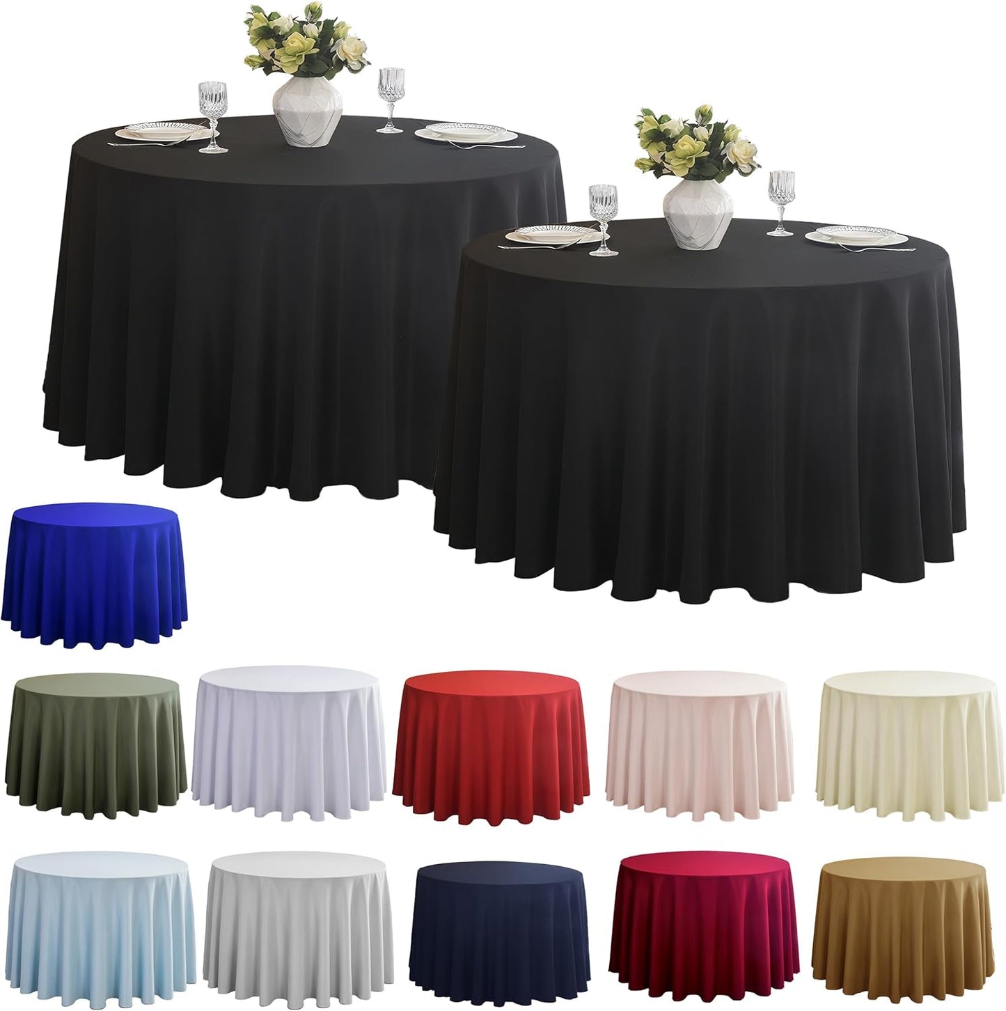 2-Pack Round 108-inch Black Table Cloths, Solid Stain and Wrinkle Resistant Circular Tablecloth, Premium Plain Weave Polyester Fabric Table Linen Covers for Hotel, Banquet