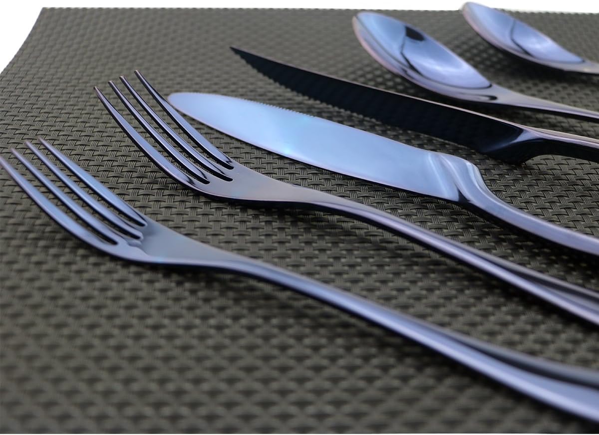 Flatware Set 18/10 Stainless Steel Mirror Polished Blue Cutlery - Silverware Utensil Set of Serrated Steak Knife Dinner Fork Knife Spoon Salad Fork Dessert Spoon,6 Piece Service for 1