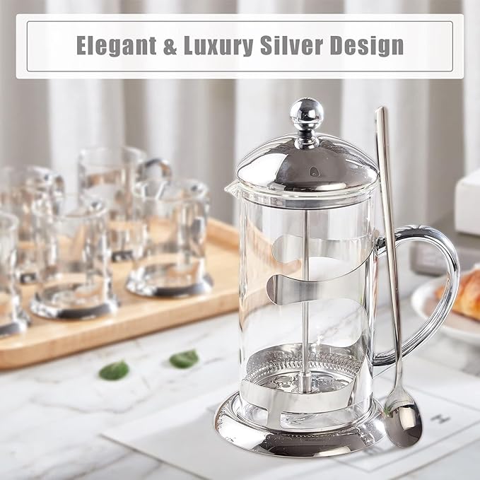 DUJUST Silver French Press Coffee Maker, Luxury Design French Coffee Press with 4-Level Filter System, High-Grade Glass for Hot & Cold Resistance, Include Long Size 304 Stainless Steel Spoon - 34oz