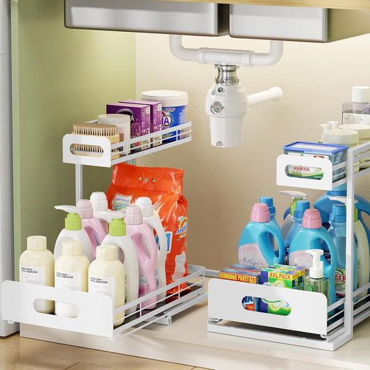 Delamu 2 Pack Metal Bathroom Organizers and Storage, 2 Tier Pull Out Under Sink Organizer for Kitchen Bathroom, Adjustable Under Sink Shelf for Multipurpose Cabinet Organizer, White