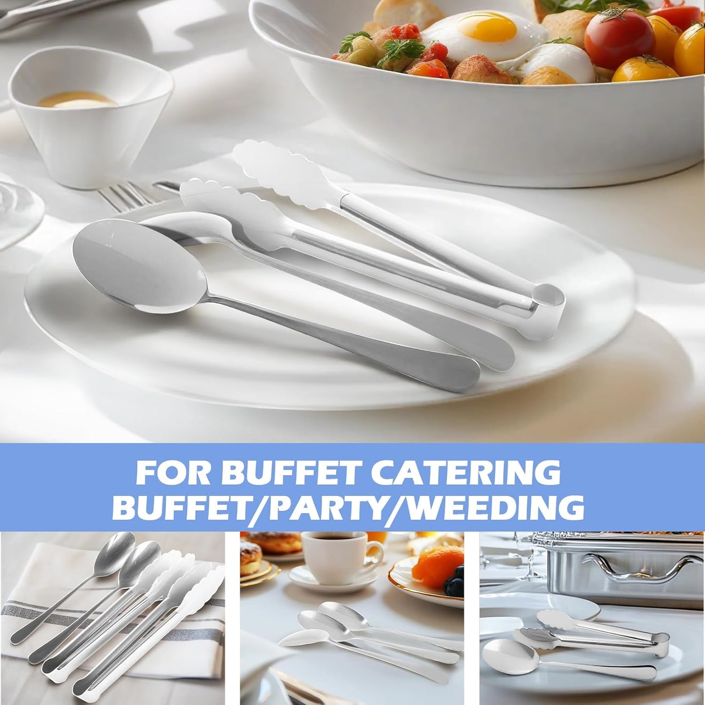12PCS Stainless Steel Serving Utensils Sets with 8 Large Serving Spoons,4 Serving Tongs,Silver Serving Utensills Sets for Buffet Catering Banquet Party (Silver)