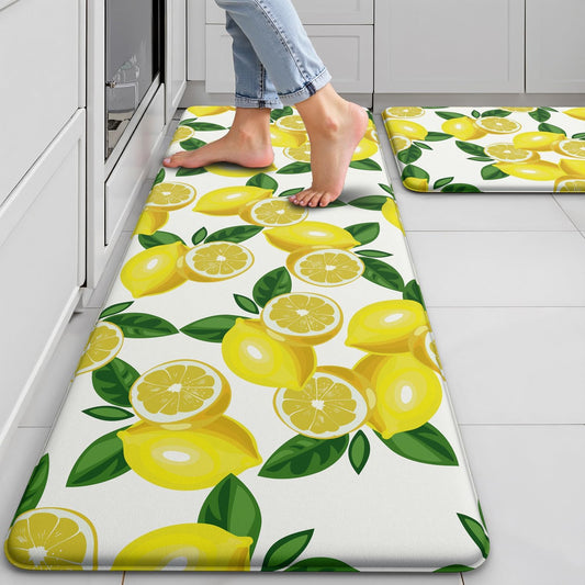 Lemon Kitchen Mats for Floor Set of 2 - Anti Fatigue Mats for Kitchen Floor, Cushioned Non-Skid Washable Memory Foam Rug for Office, Sink, Laundry (17.3"×29"+17.3"×47"-0.47") White